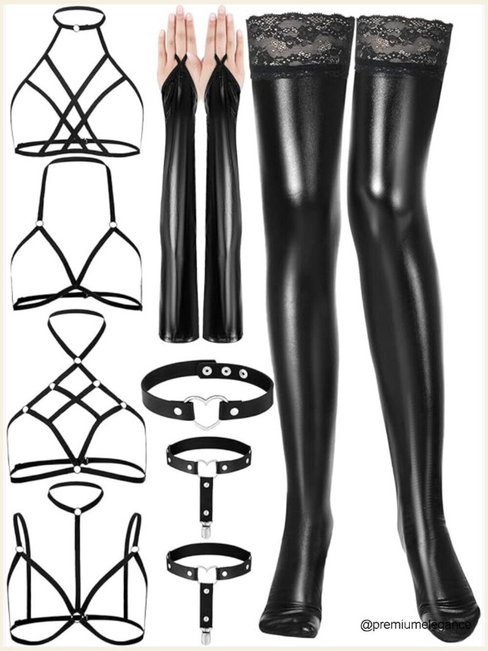 11pc Wet Look Costume Set with Gloves Stockings Bras Choker Garters Belt